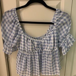 Gingham, puff sleeve babydoll top